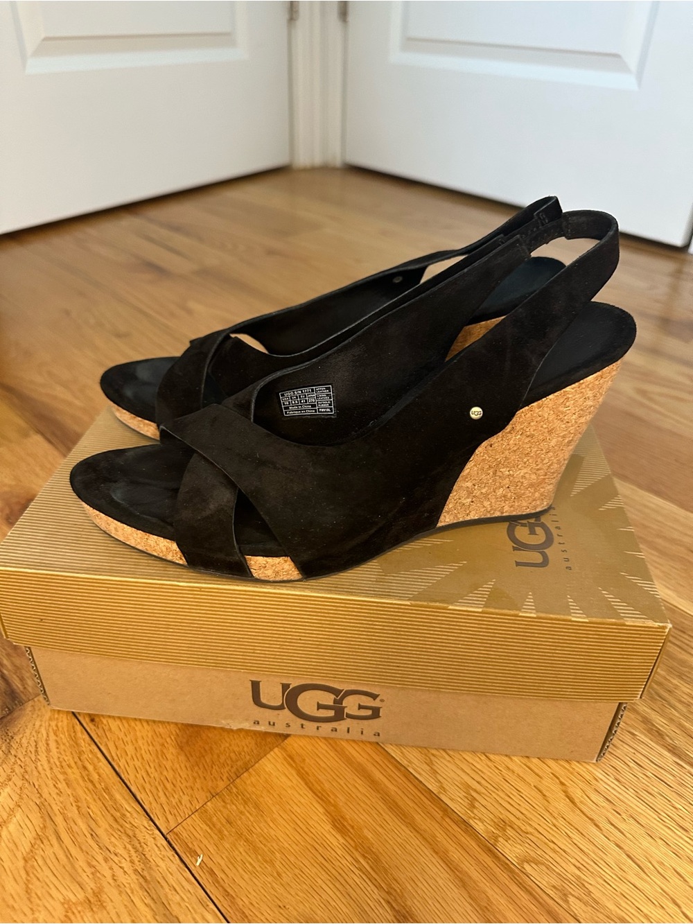 UGG Black Slingback Hazel Wedge Sandals